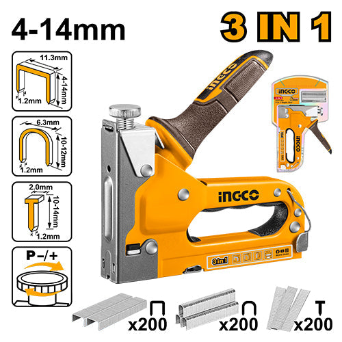 INGCO 3-in-1 manual upholstery stapler with adjustable force for professional and home use