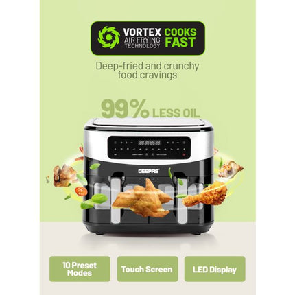 Geepas 9L Dual Basket Digital Air Fryer - GAF37525UK with VORTEX Air Frying Technology