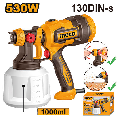 INGCO 530W Industrial Electric Paint Spray Gun with 1000ml Tank Capacity for Adjustable Spraying
