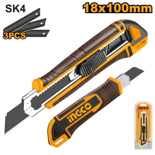 INGCO 18mm x 100mm 3-blade snap-off utility knife with a push-button for daily ease of use