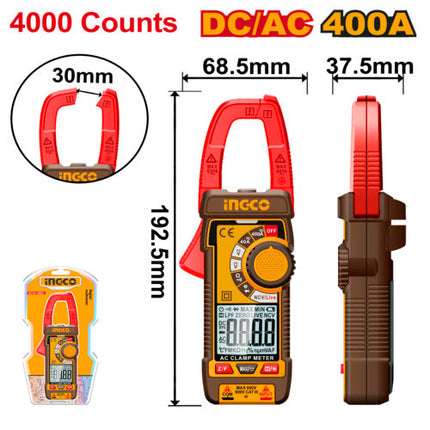 كلامب ميتر 400 أمبير 30 ملم AC/DC مع ميزات قياس احترافية وإضاءة LED من INGCO