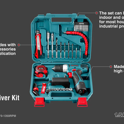 Cordless drill with tool and bit set from RONIX