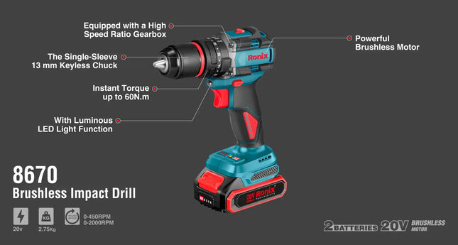 دريل شحن RONIX 8670 20V/60N -IMP