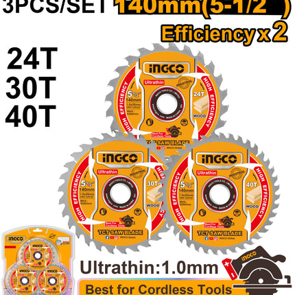 طقم طارة قص خشب 3 قطعة 5.1/2" 40-30-T24 لمنشار صينية لتقطيع سريع ودقيق من INGCO