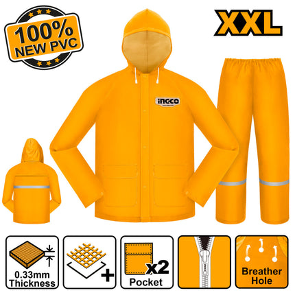جاكيت وبنطلون مطري XXL انكو، مقاوم للماء مع فتحات تهوية، شريط عاكس وجيوب عديدة. من INGCO