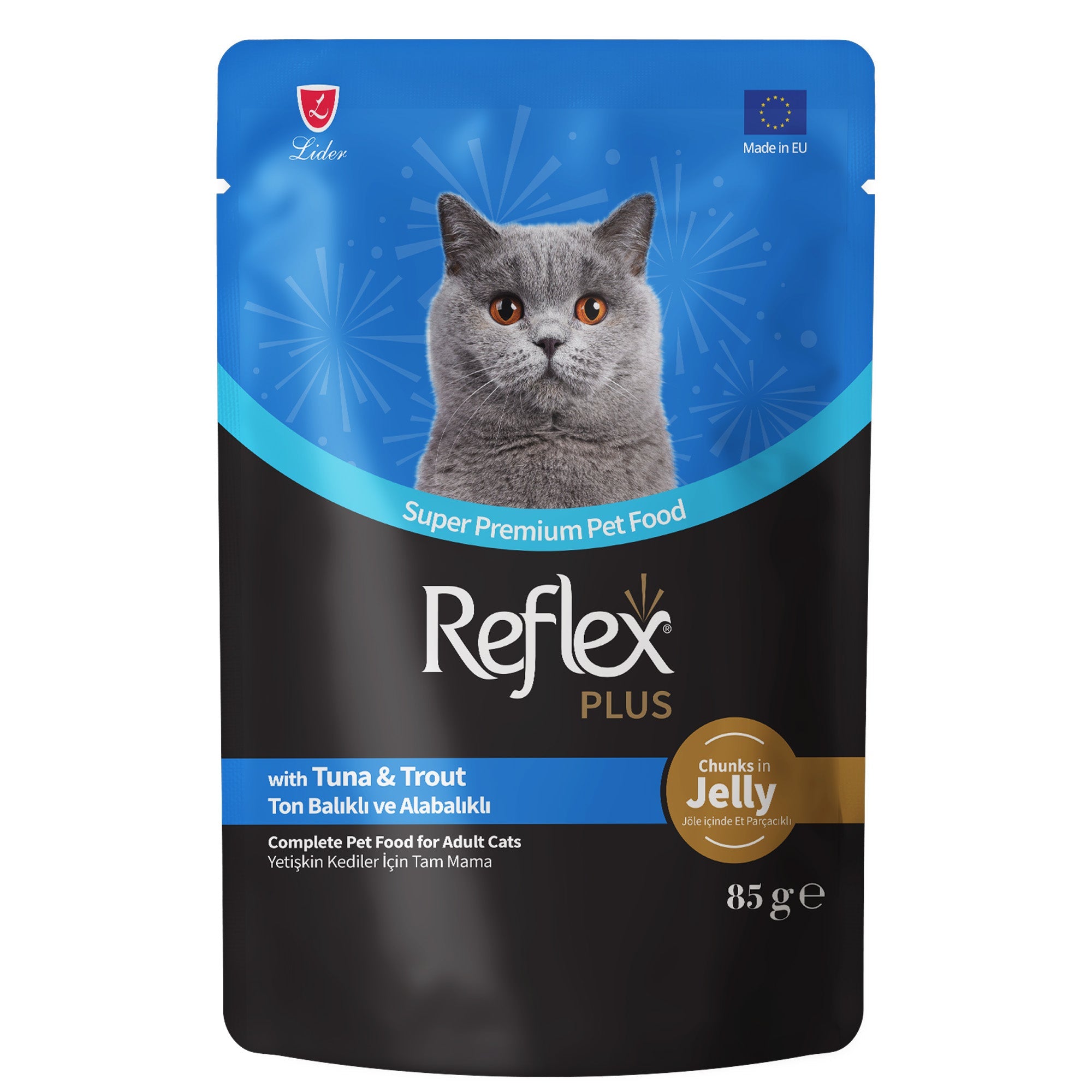 Reflex Plus Adult Cat Food Tuna & Trout Jelly Chunks 85g |
