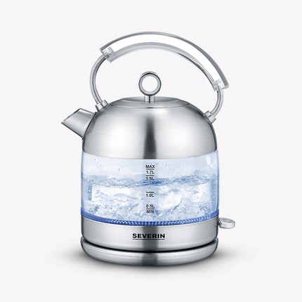 غلاية SEVERIN Retro الزجاجية، سعة XXL تبلغ 1.7 لتر، غلاية قوية وصغيرة الحجم بتصميم ريترو عالي الجودة، غلاية كهربائية، زجاج/فولاذ مقاوم للصدأ مصقول، 3459