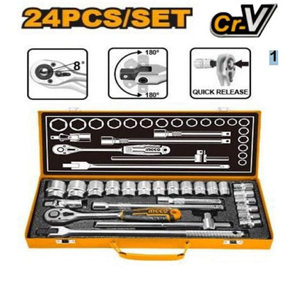 طقم بوكس 24 قطعة علبة حديد انكو بحجم socket 1/2" مصنوع من الفولاذ الكروم الفاناديوم من INGCO