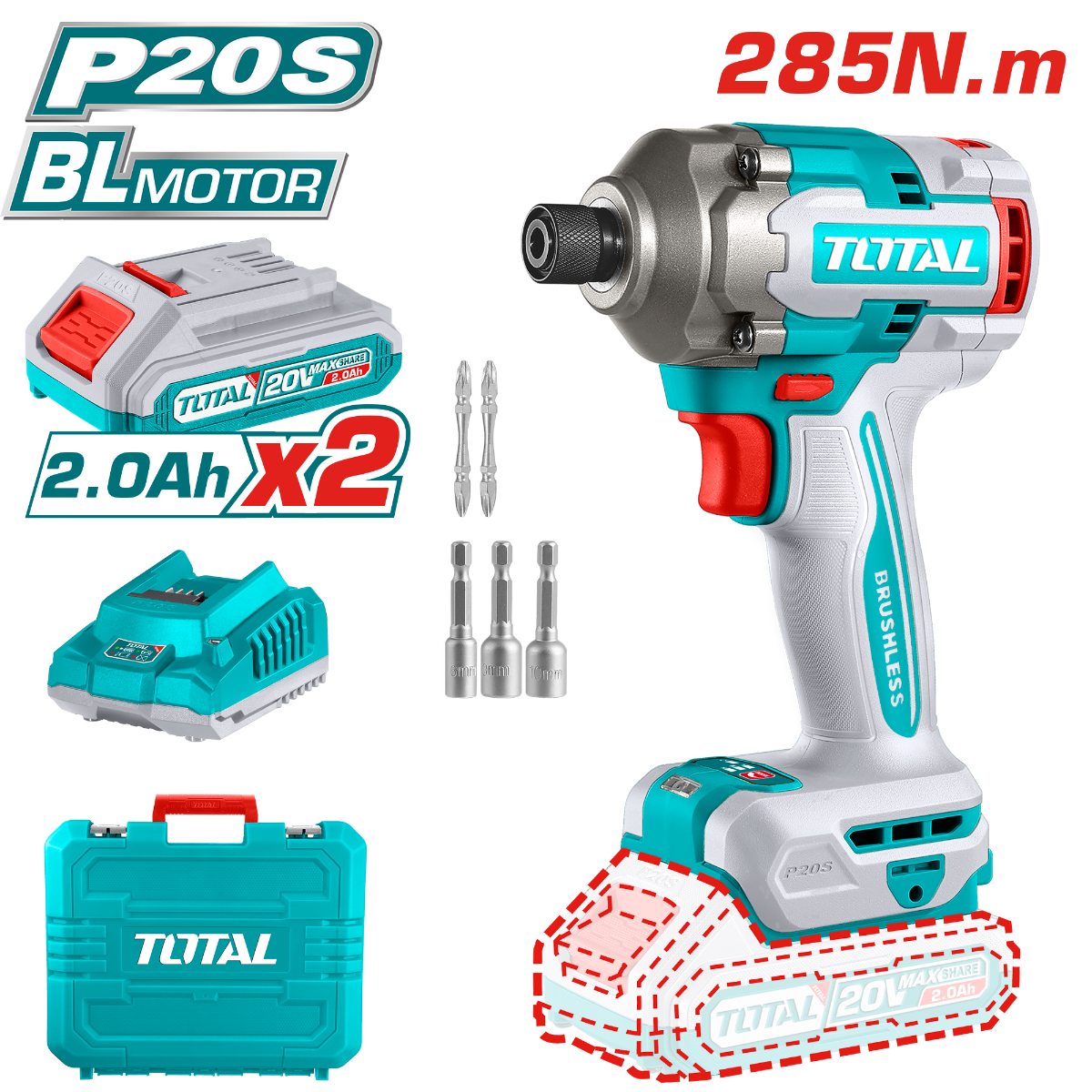مفك الصدمات اللاسلكي توتال 20V - عزم 285Nm، بطاريتين | Total