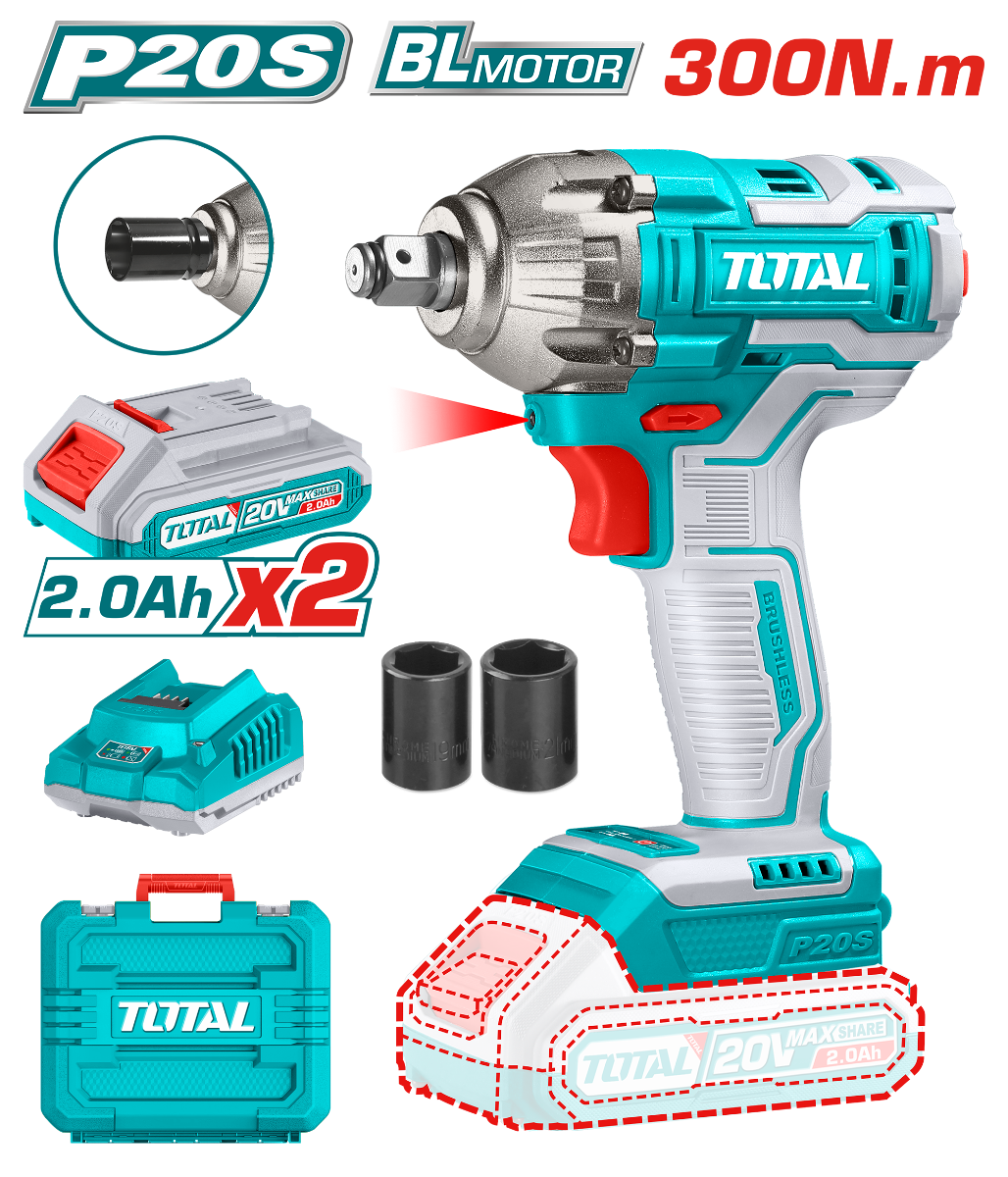 مفتاح العزم اللاسلكي توتال 20V - 300Nm، بدون فحمات، بطاريتين | Total