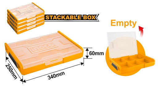 INGCO Stackable Plastic Tool Box, 340 * 250 * 60 mm, for heavy-duty use and tool organization.