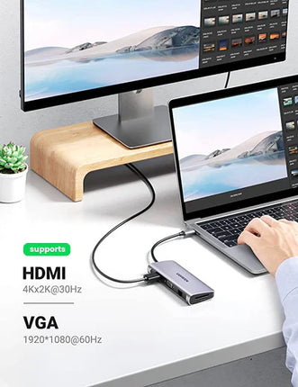 UGREEN USB-C to 3*USB 3.0 A+HDMI 4K@30Hz;2K@60HZ;1080P@120Hz + VGA +RJ45  +SD/TF + 3.5mm Audio + PD Multifunction Adapter (Space Gray)