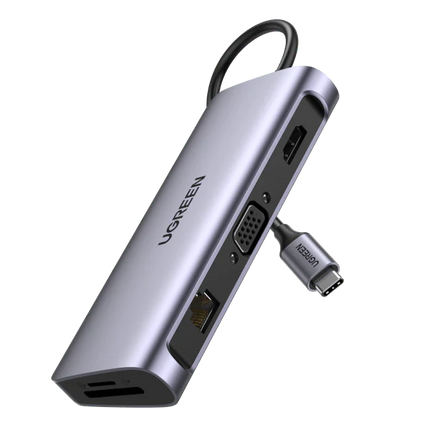UGREEN USB-C to 3*USB 3.0 A+HDMI 4K@30Hz;2K@60HZ;1080P@120Hz + VGA +RJ45  +SD/TF + 3.5mm Audio + PD Multifunction Adapter (Space Gray)