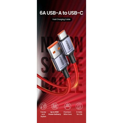 كيبل يوجرين USB 2.0 إلى تايب سي 6 أمبير من سبائك الألومنيوم 1 متر (أحمر) | 20527
