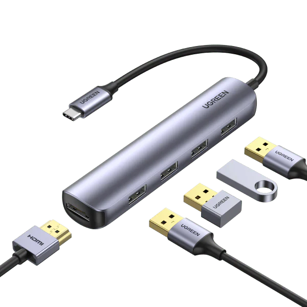 محول USB-C إلى 4 منافذ USB 3.0 بسرعة تصل إلى 5 جيجابت في الثانية + HDMI + بي دي بورت / 20197