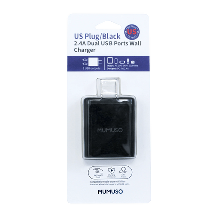 شاحن حائط بمنفذي USB بقوة 2.4 أمبير (قابس أمريكي/أسود)