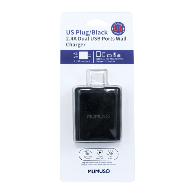 شاحن حائط بمنفذي USB بقوة 2.4 أمبير (قابس أمريكي/أسود)