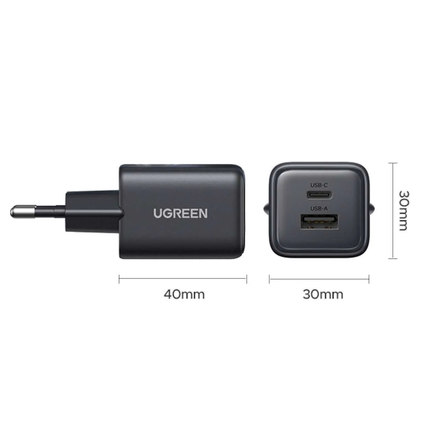 شاحن سريع UGREEN بقوة 20 واط ومنفذين بتقنية GaN، إصدار الاتحاد الأوروبي (أسود) / X514 - 65737