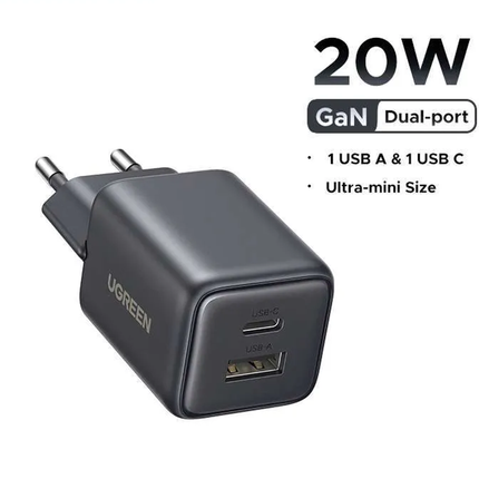 شاحن سريع UGREEN بقوة 20 واط ومنفذين بتقنية GaN، إصدار الاتحاد الأوروبي (أسود) / X514 - 65737