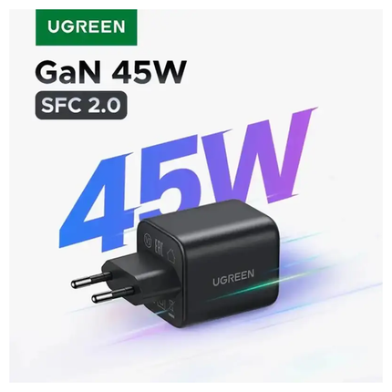شاحن سريع UGREEN بقوة 45 واط ومنفذين بتقنية GaN، أسود اللون، إصدار الاتحاد الأوروبي / X525 - 65057